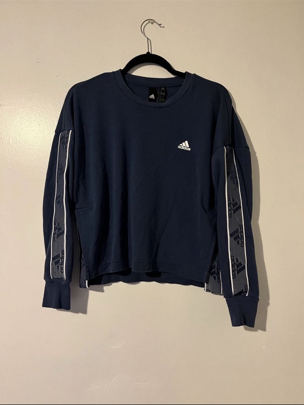 adidas Navy Blue Crew Sweatshirt with Logo Sleeve Tape
